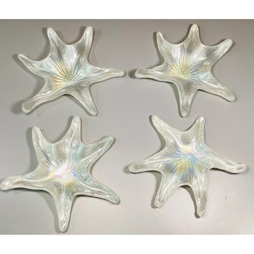 Akcam Turkish Glass 4 NEW Starfish Dishes / Plates Pearlescent White Star Fish